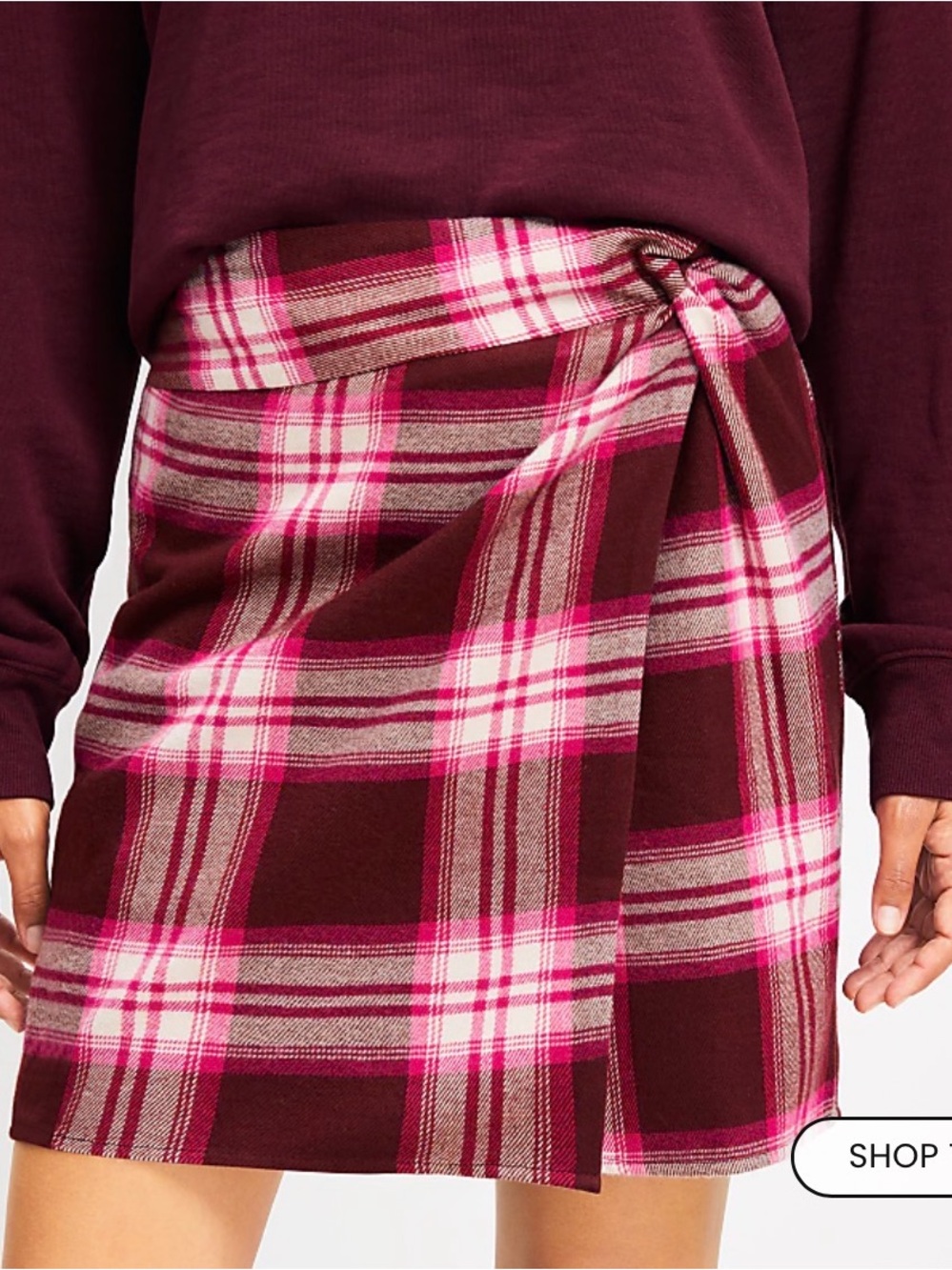 LOFT Plaid Wrap Mini Skirt in Burgundy, Pink and Cream